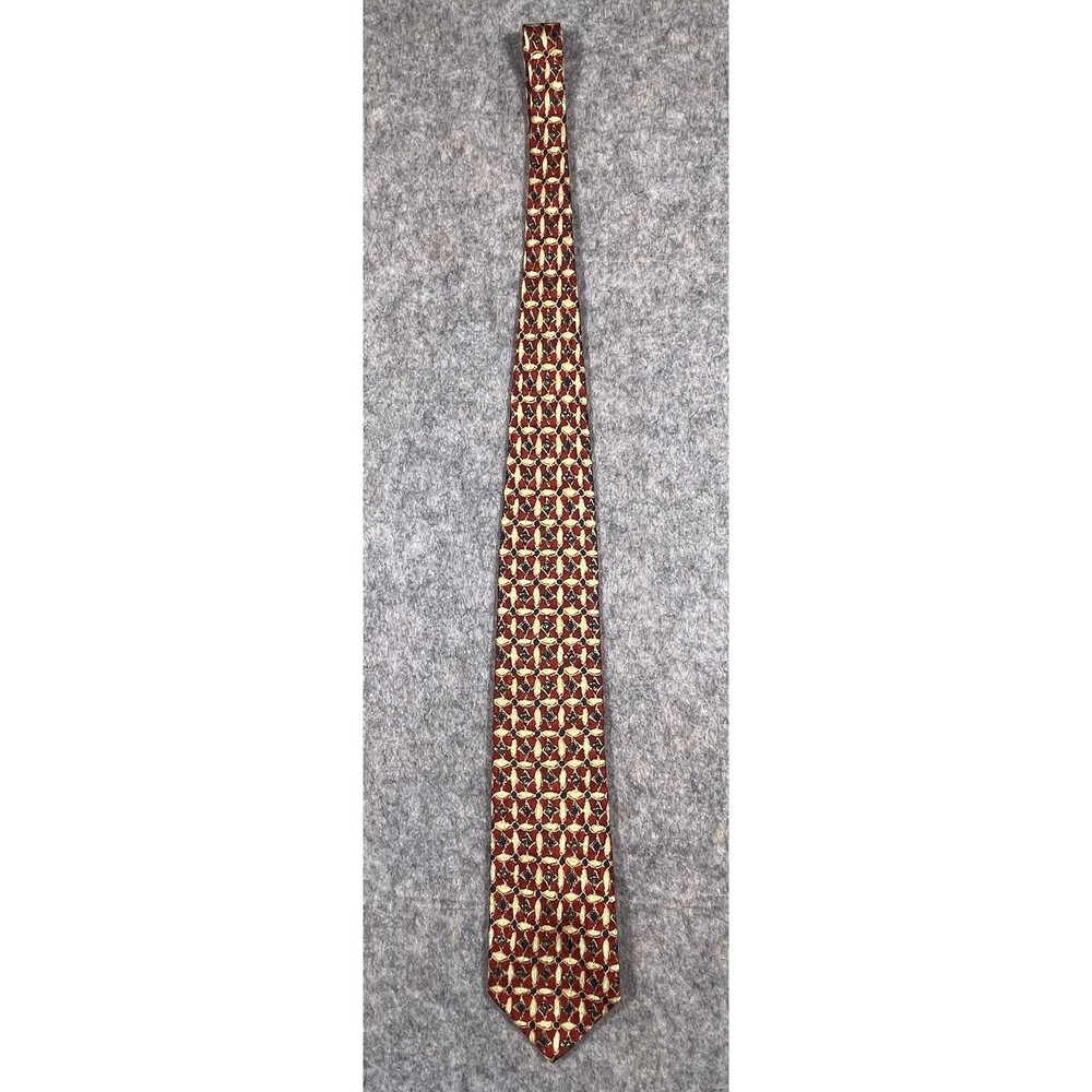 Ermenegildo Zegna Tie Mens Red Gold  Geometric Pattern Made In Italy 100% Silk
